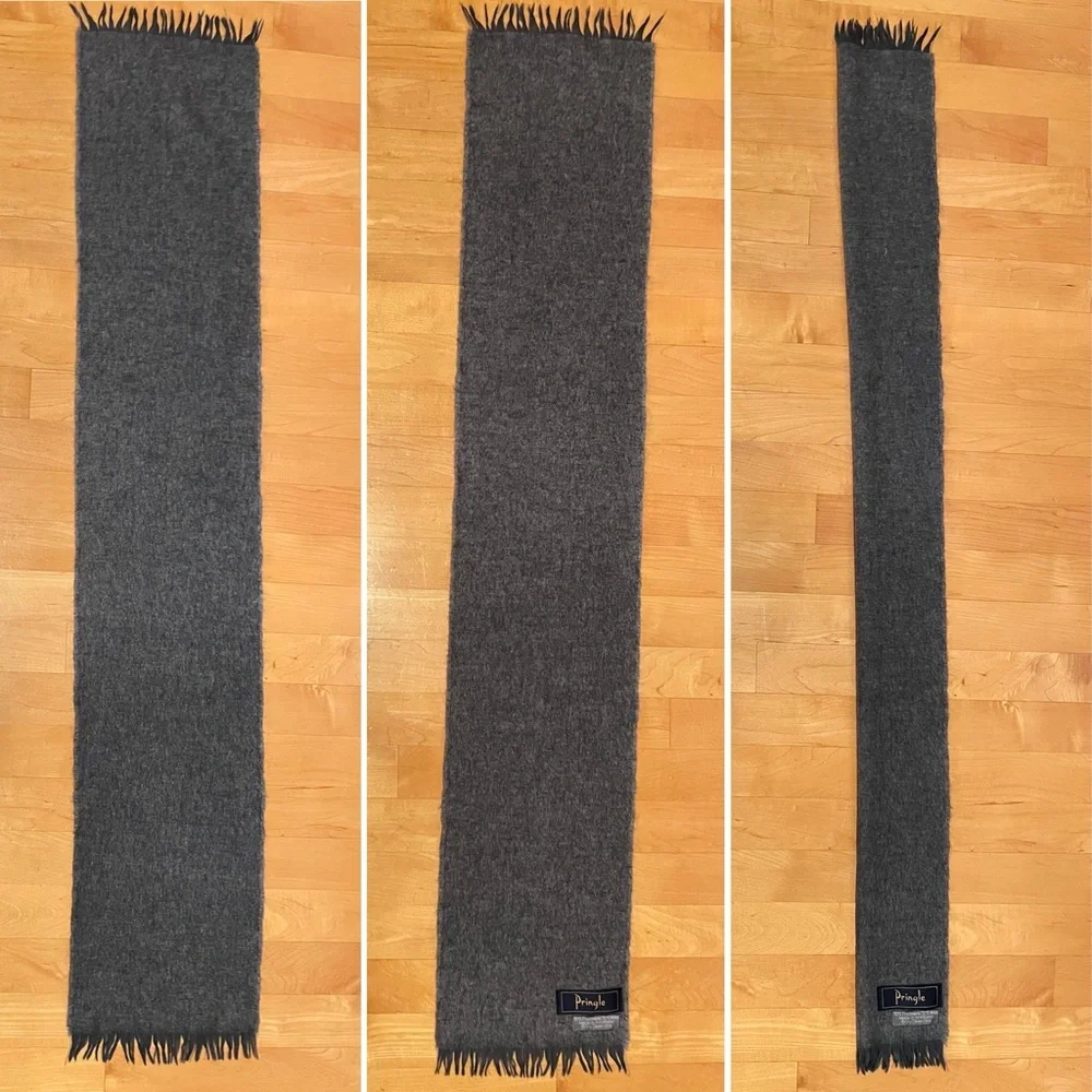 🐑Cashmere & Wool Charcoal Fringed Vintage Short & Narrow Scarf Pringle Scotland